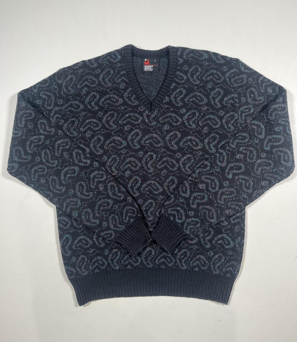 Vintage Robert Bruce Sweater Mens Large Blue Paisley V Neck Knit USA 90s